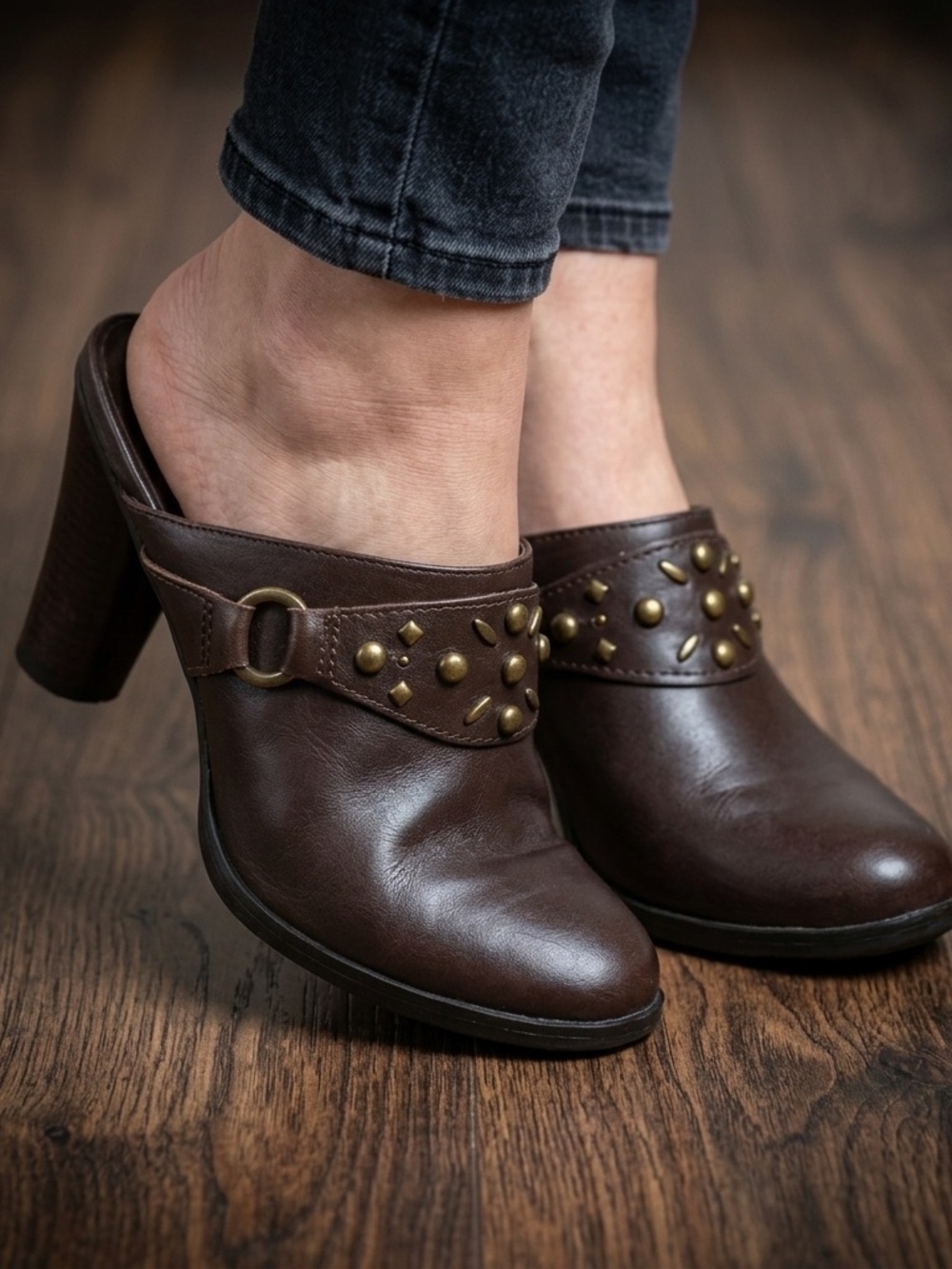 Naturalizer Brown Leather Studded Mule Clogs